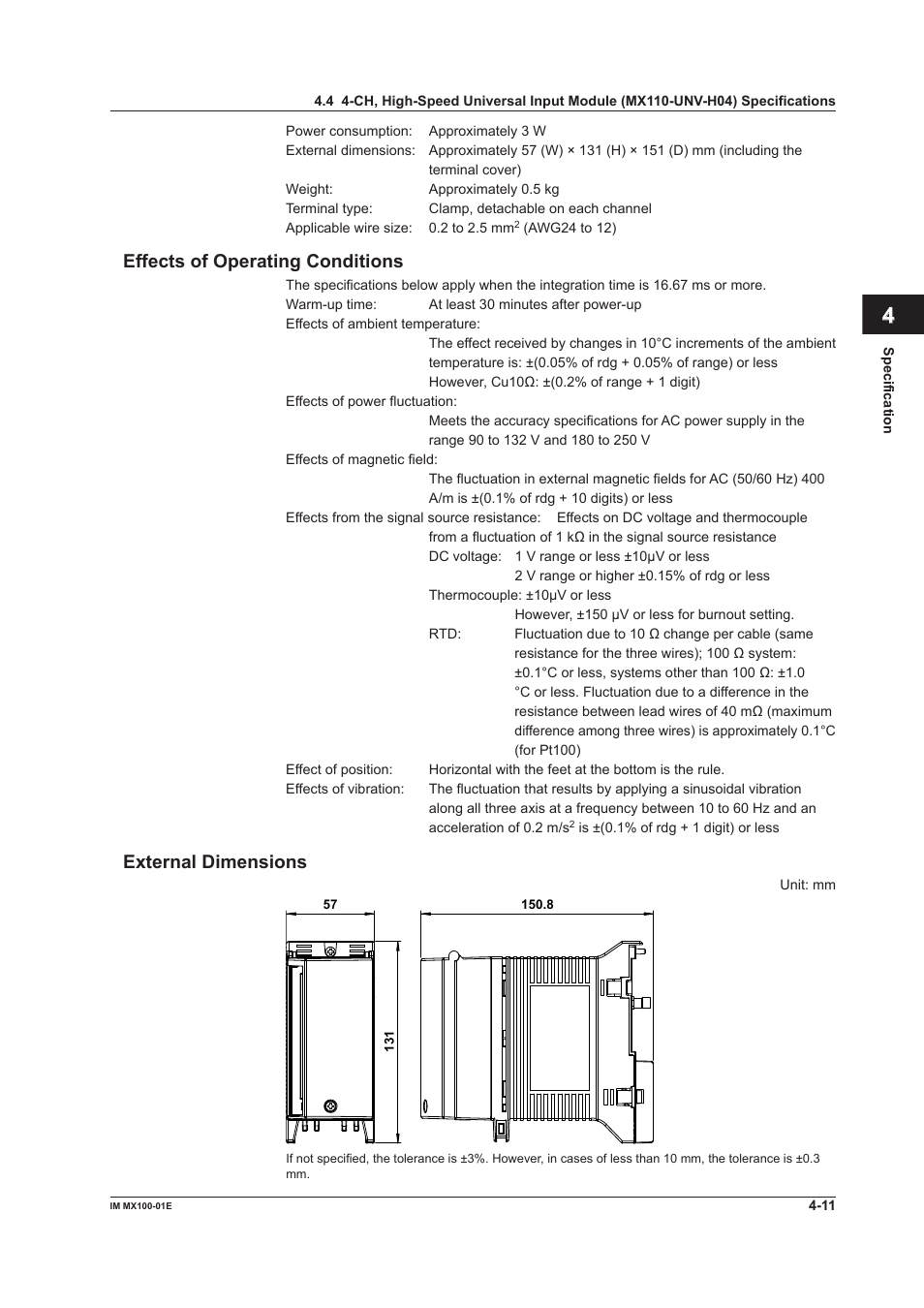 Index, Effects of operating conditions, External dimensions | Yokogawa PC-Based MX100 User Manual | Page 99 / 133