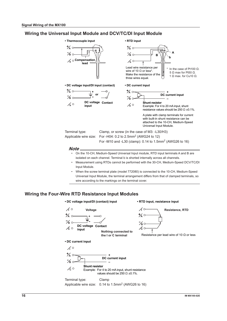 Wiring the four-wire rtd resistance input modules | Yokogawa PC-Based MX100 User Manual | Page 16 / 53