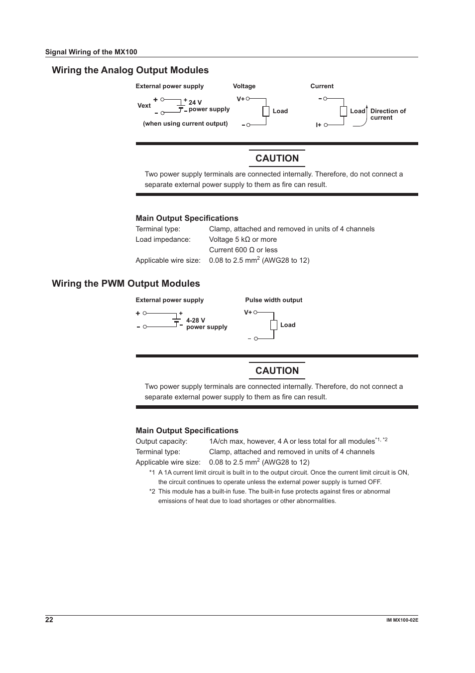 Wiring the analog output modules, Wiring the pwm output modules, Caution | Yokogawa PC-Based MX100 User Manual | Page 22 / 53