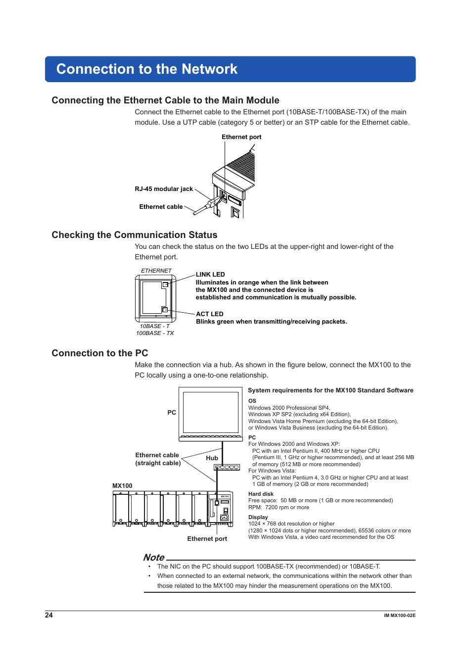 Connection to the network, Connecting the ethernet cable to the main module, Checking the communication status | Connection to the pc | Yokogawa PC-Based MX100 User Manual | Page 24 / 53