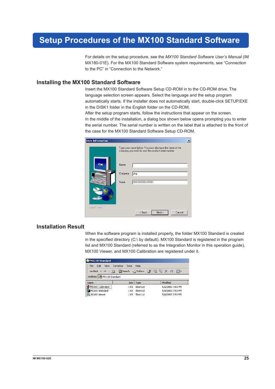 Setup procedures of the mx100 standard software, Installing the mx100 standard software, Installation result | Yokogawa PC-Based MX100 User Manual | Page 25 / 53