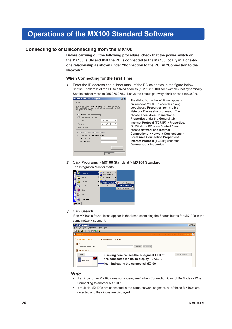 Operations of the mx100 standard software, Connecting to or disconnecting from the mx100 | Yokogawa PC-Based MX100 User Manual | Page 26 / 53