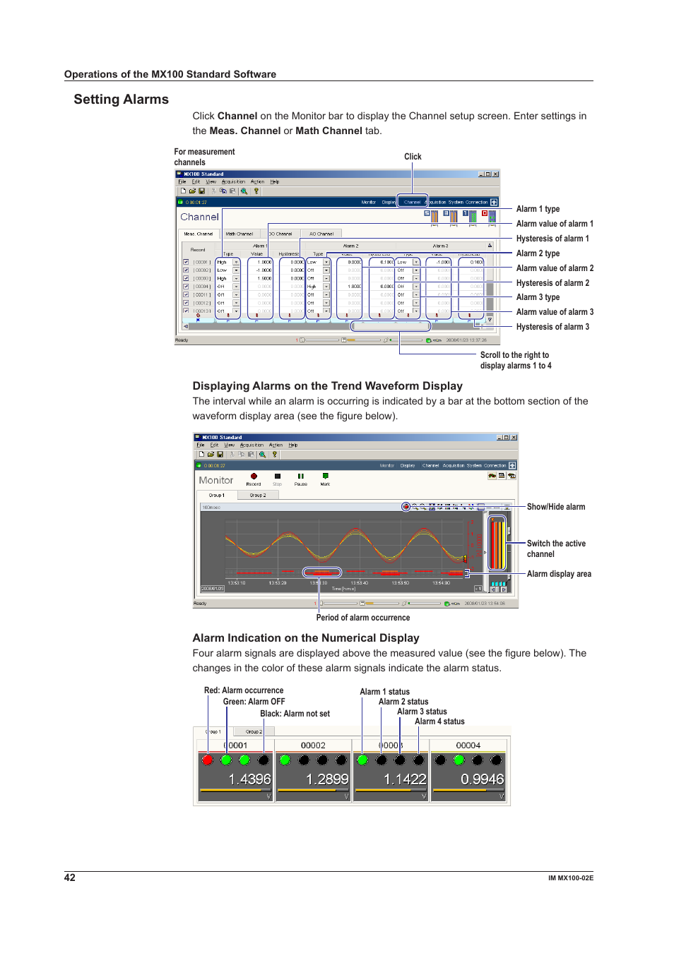 Setting alarms | Yokogawa PC-Based MX100 User Manual | Page 42 / 53