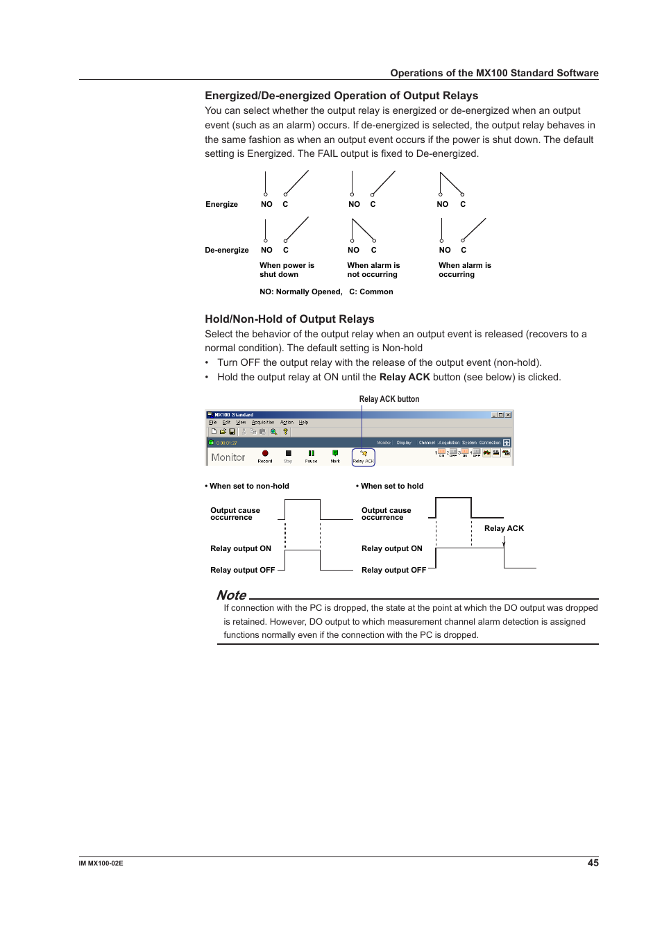 Energized/de-energized operation of output relays, Hold/non-hold of output relays | Yokogawa PC-Based MX100 User Manual | Page 45 / 53
