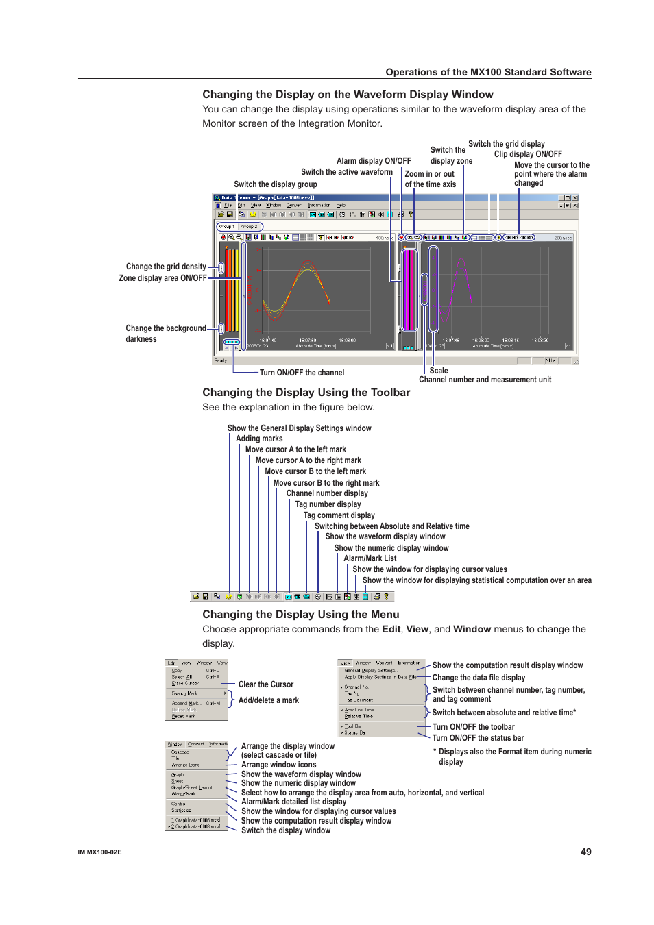 Changing the display using the toolbar, Changing the display using the menu | Yokogawa PC-Based MX100 User Manual | Page 49 / 53