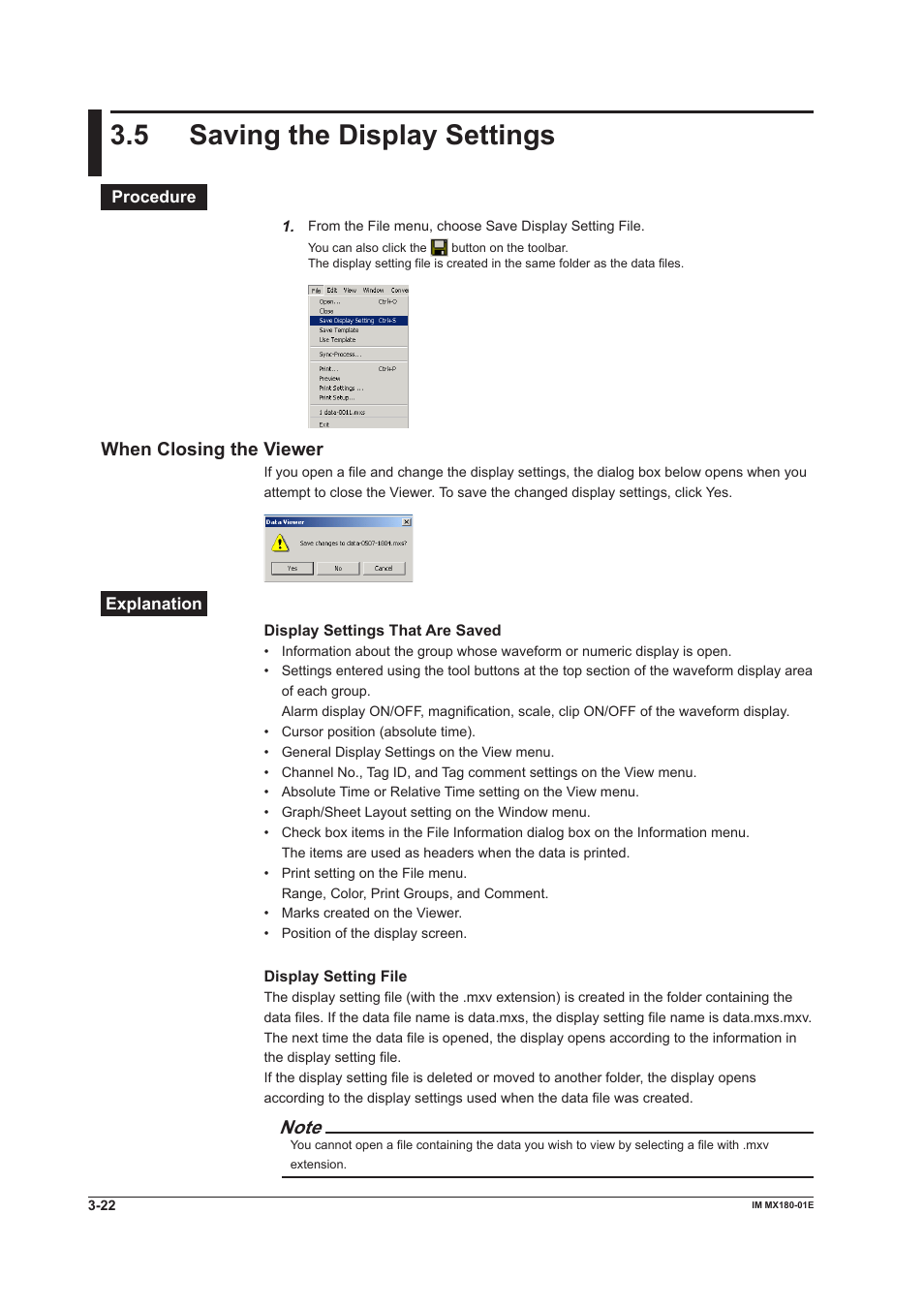 5 saving the display settings, Saving the display settings -22, 5 savng the dsplay settngs | When closng the vewer | Yokogawa PC-Based MX100 User Manual | Page 103 / 141