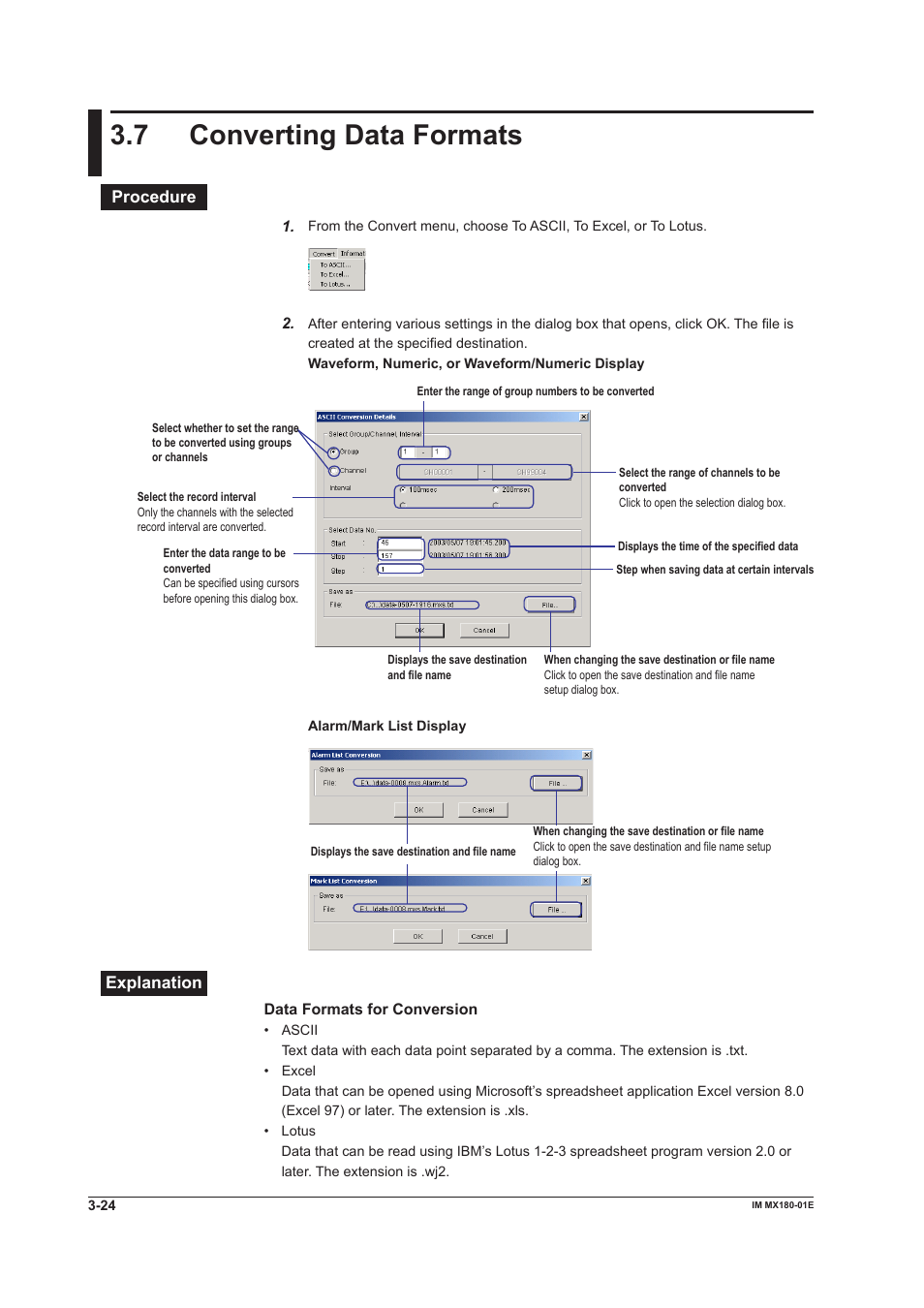 7 converting data formats, Converting data formats -24, 7 convertng data formats | Procedure, Explanaton | Yokogawa PC-Based MX100 User Manual | Page 105 / 141