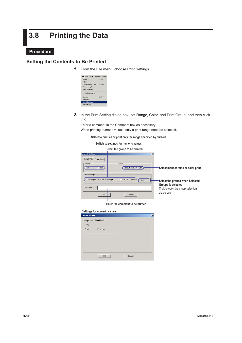 8 printing the data, Printing the data -26, 8 prntng the data | Settng the contents to be prnted | Yokogawa PC-Based MX100 User Manual | Page 107 / 141