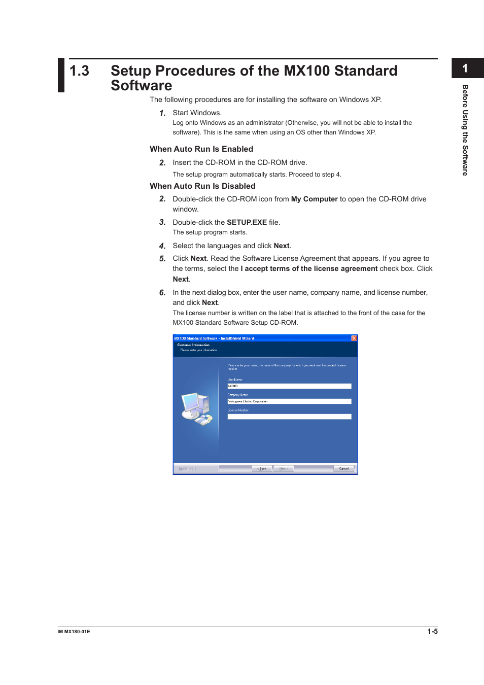 3 setup procedures of the mx100 standard software, Setup procedures of the mx100 standard software -5 | Yokogawa PC-Based MX100 User Manual | Page 11 / 141