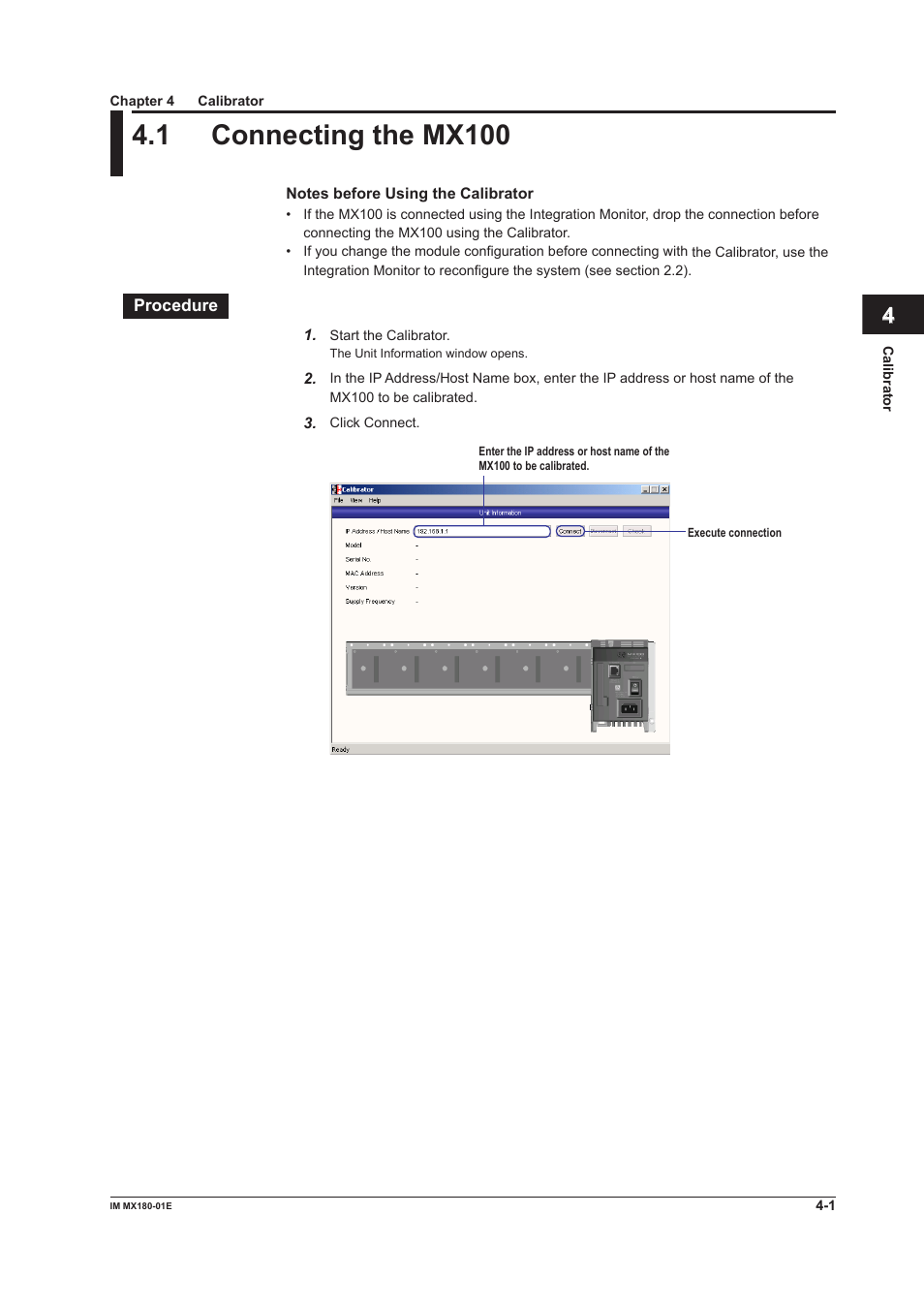 Chapter 4 calibrator, 1 connecting the mx100, Chapter 4 calbrator | Connecting the mx100 -1, 1 connectng the mx100 | Yokogawa PC-Based MX100 User Manual | Page 112 / 141