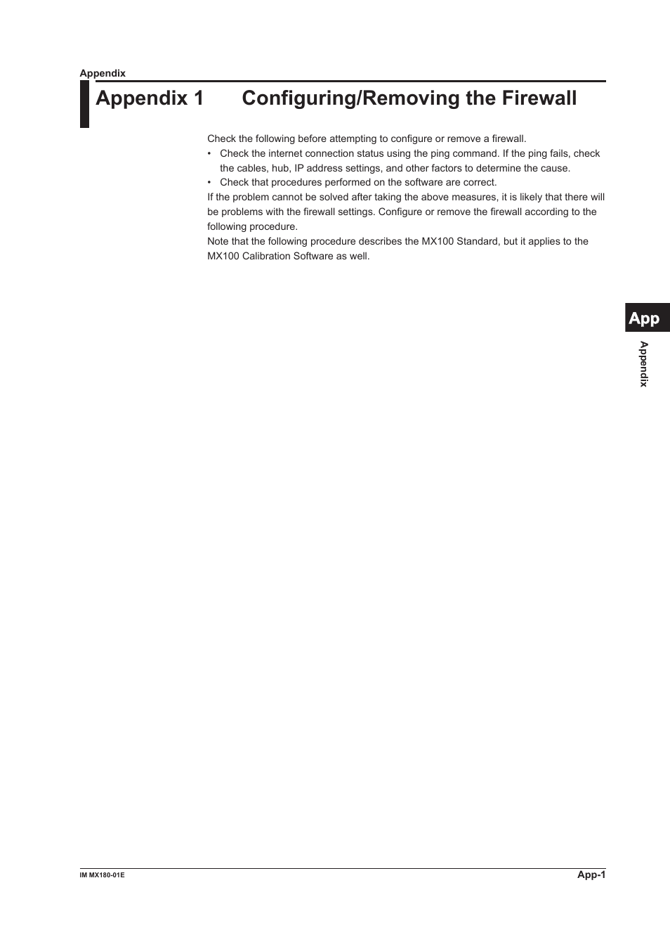 Appendix, Appendix 1 configuring/removing the firewall, Appendx | Appendx 1 confgurng/removng the frewall | Yokogawa PC-Based MX100 User Manual | Page 129 / 141