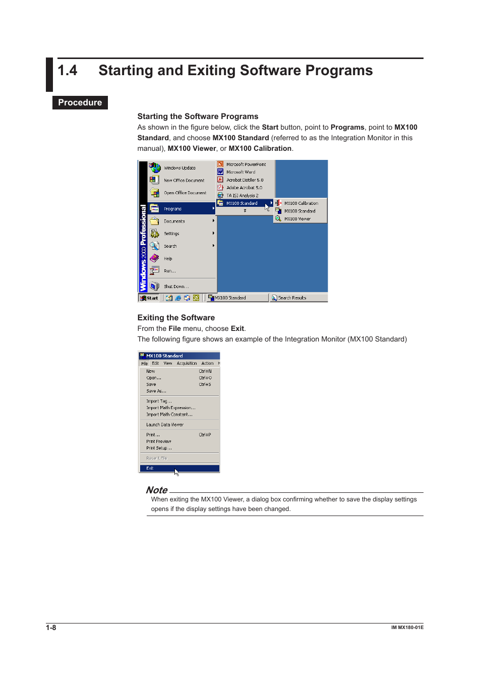 4 starting and exiting software programs, Starting and exiting software programs -8, 4 startng and extng software programs | Yokogawa PC-Based MX100 User Manual | Page 14 / 141