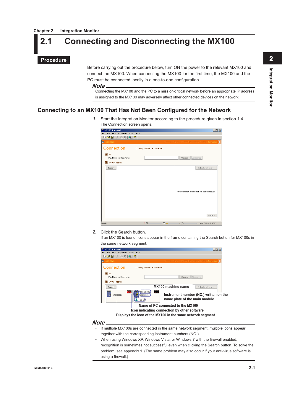 Chapter 2 integration monitor, 1 connecting and disconnecting the mx100, Chapter 2 integraton montor | Connecting and disconnecting the mx100 -1, 1 connectng and dsconnectng the mx100, Index | Yokogawa PC-Based MX100 User Manual | Page 15 / 141