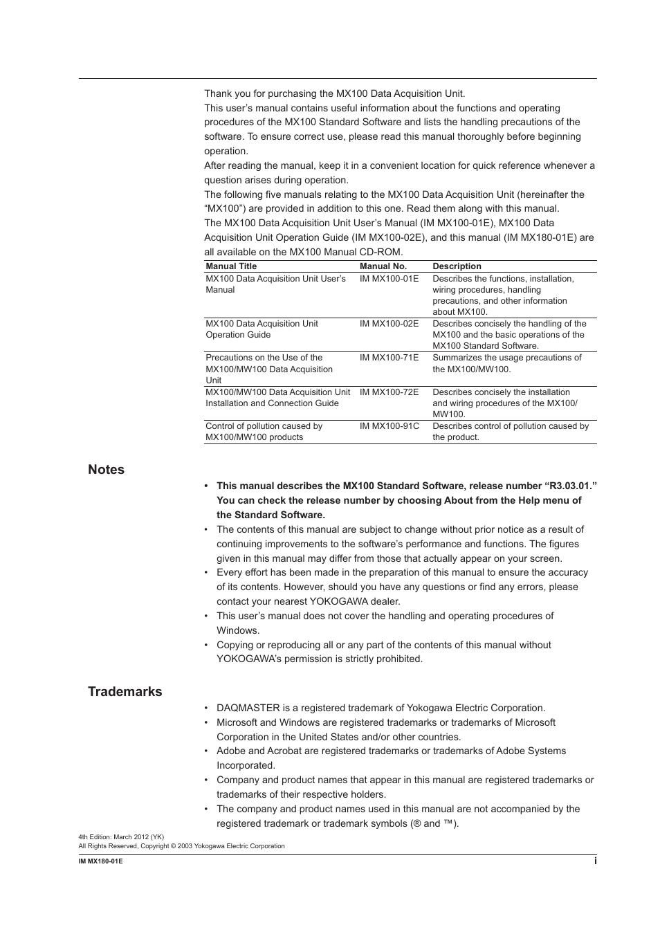 Trademarks | Yokogawa PC-Based MX100 User Manual | Page 2 / 141