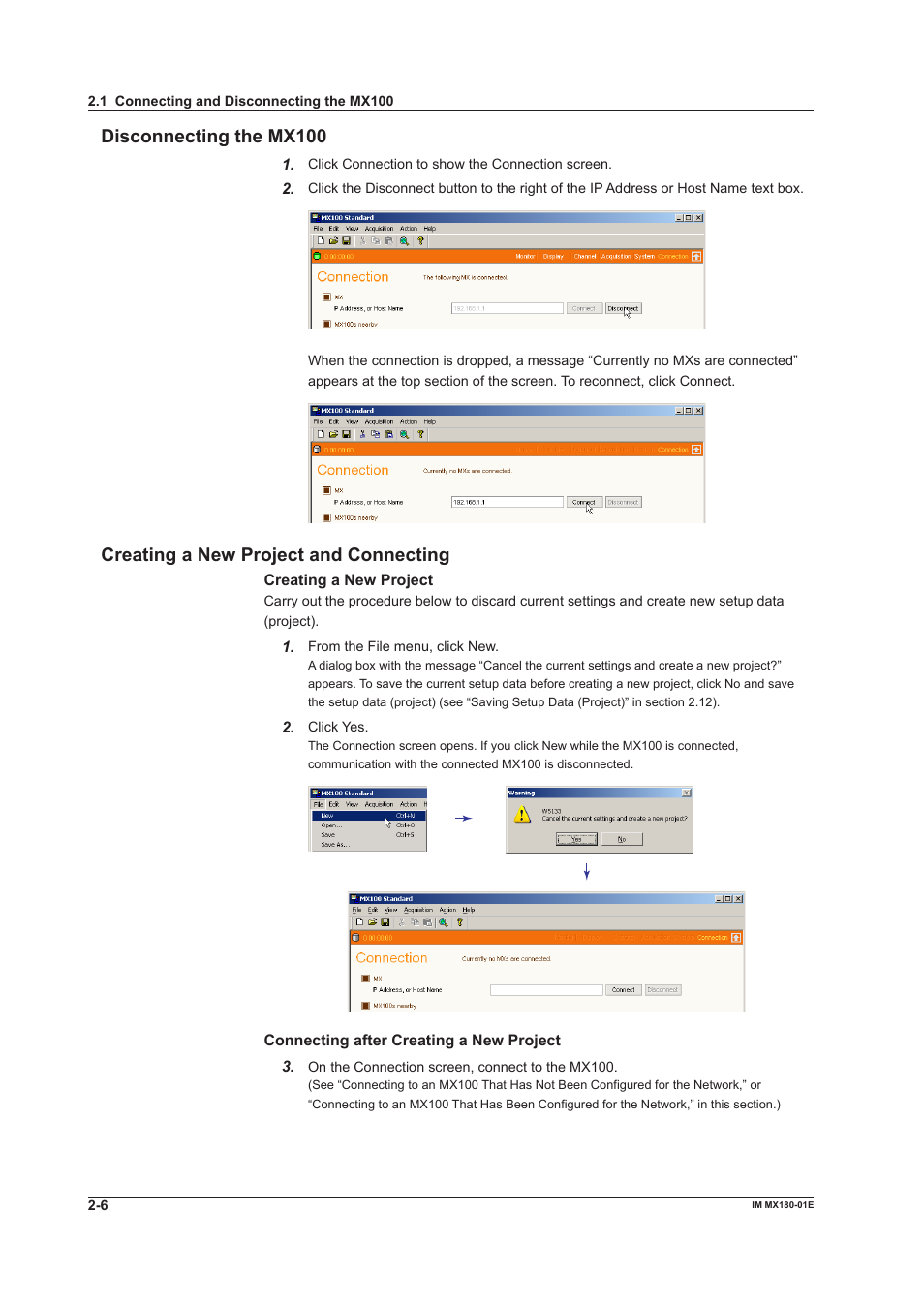 Dsconnectng the mx100, Creatng a new project and connectng | Yokogawa PC-Based MX100 User Manual | Page 20 / 141