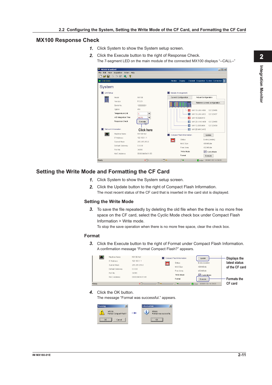 Index mx100 response check, Settng the wrte mode and formattng the cf card | Yokogawa PC-Based MX100 User Manual | Page 25 / 141