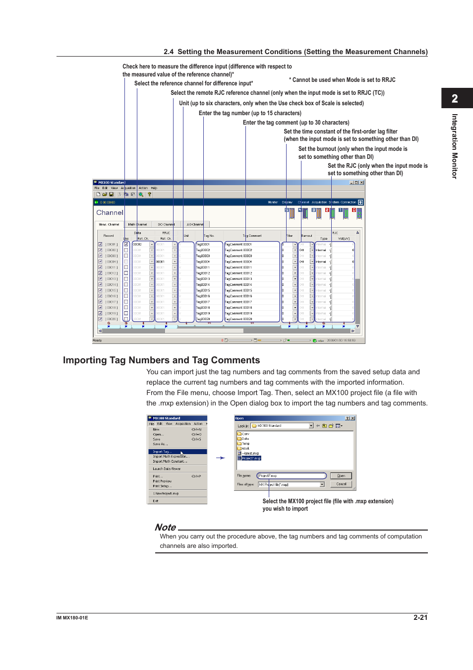 Index, Importng tag numbers and tag comments | Yokogawa PC-Based MX100 User Manual | Page 35 / 141