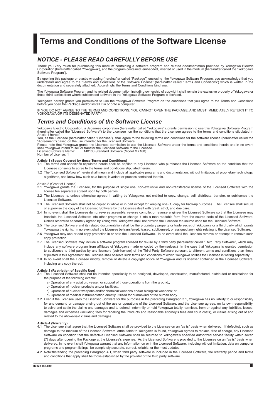 Terms and conditions of the software license, Terms and condtons of the software lcense, Notice - please read carefully before use | Yokogawa PC-Based MX100 User Manual | Page 4 / 141