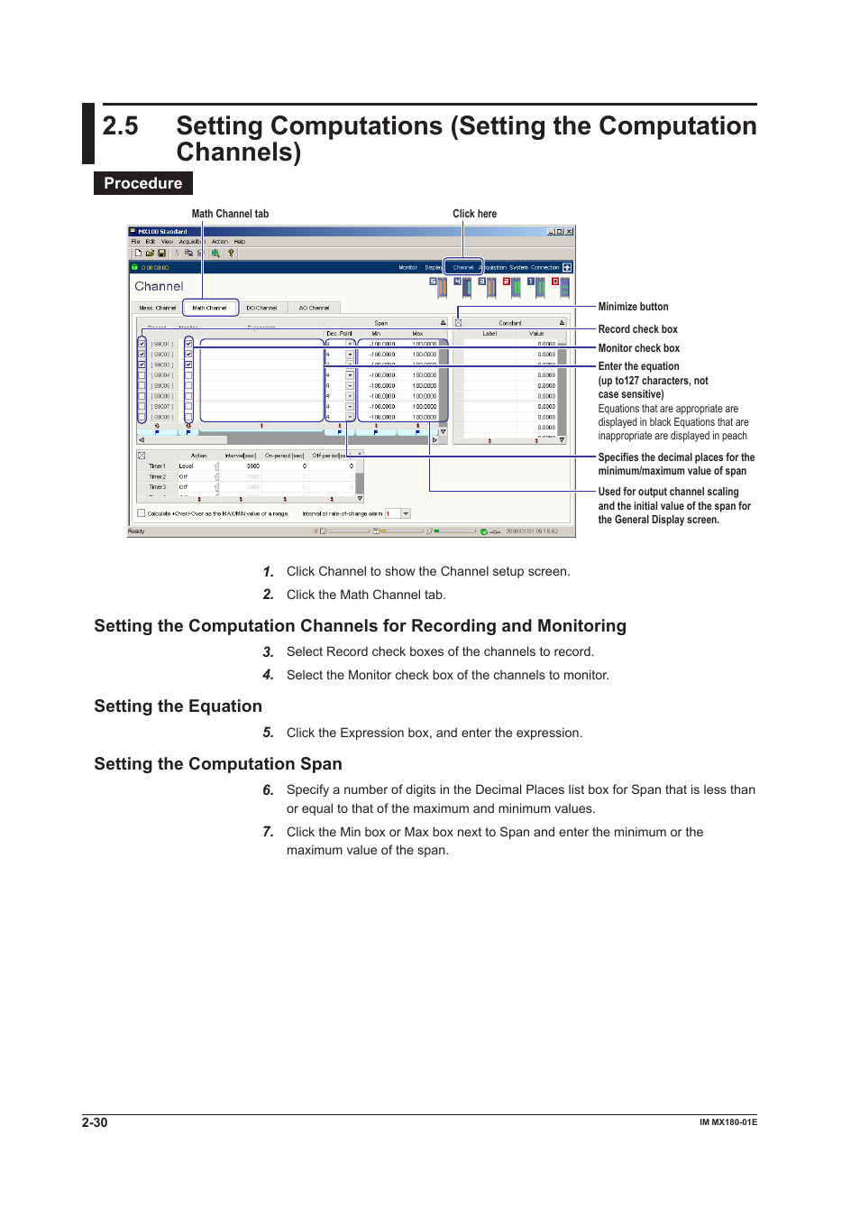 Settng the equaton, Settng the computaton span | Yokogawa PC-Based MX100 User Manual | Page 44 / 141