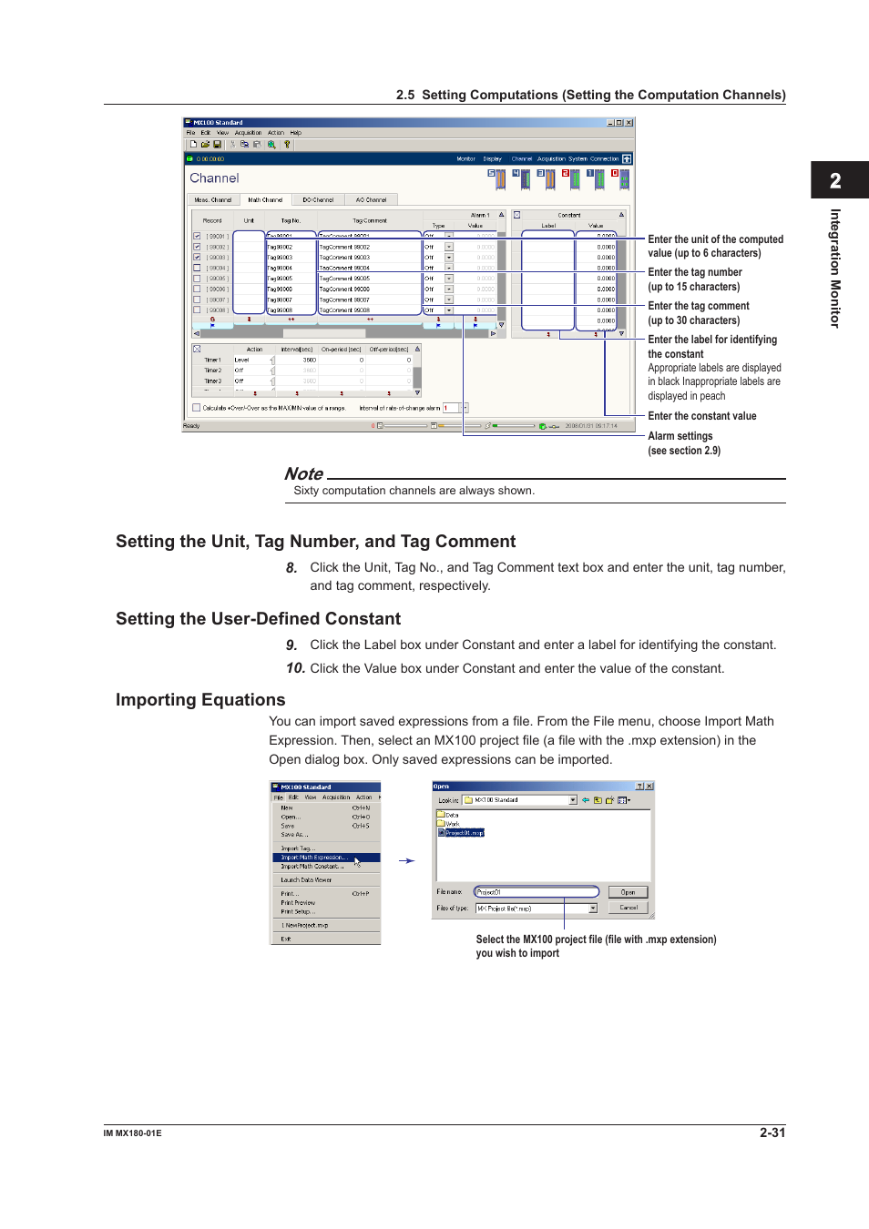 Index, Settng the unt, tag number, and tag comment, Settng the user-defned constant | Importng equatons | Yokogawa PC-Based MX100 User Manual | Page 45 / 141