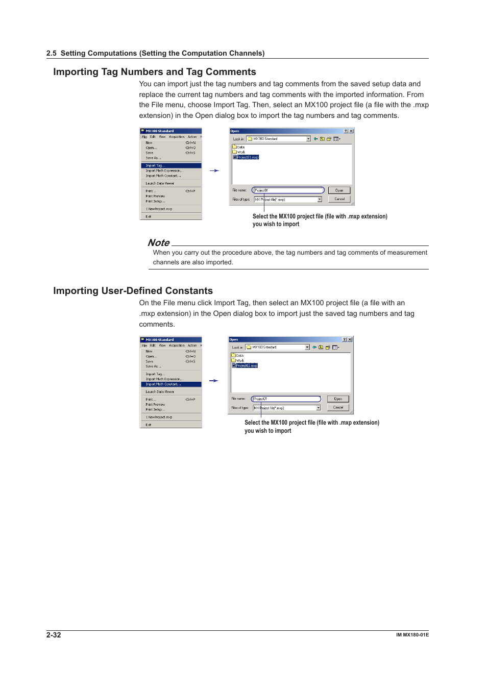 Importng tag numbers and tag comments, Importng user-defned constants | Yokogawa PC-Based MX100 User Manual | Page 46 / 141