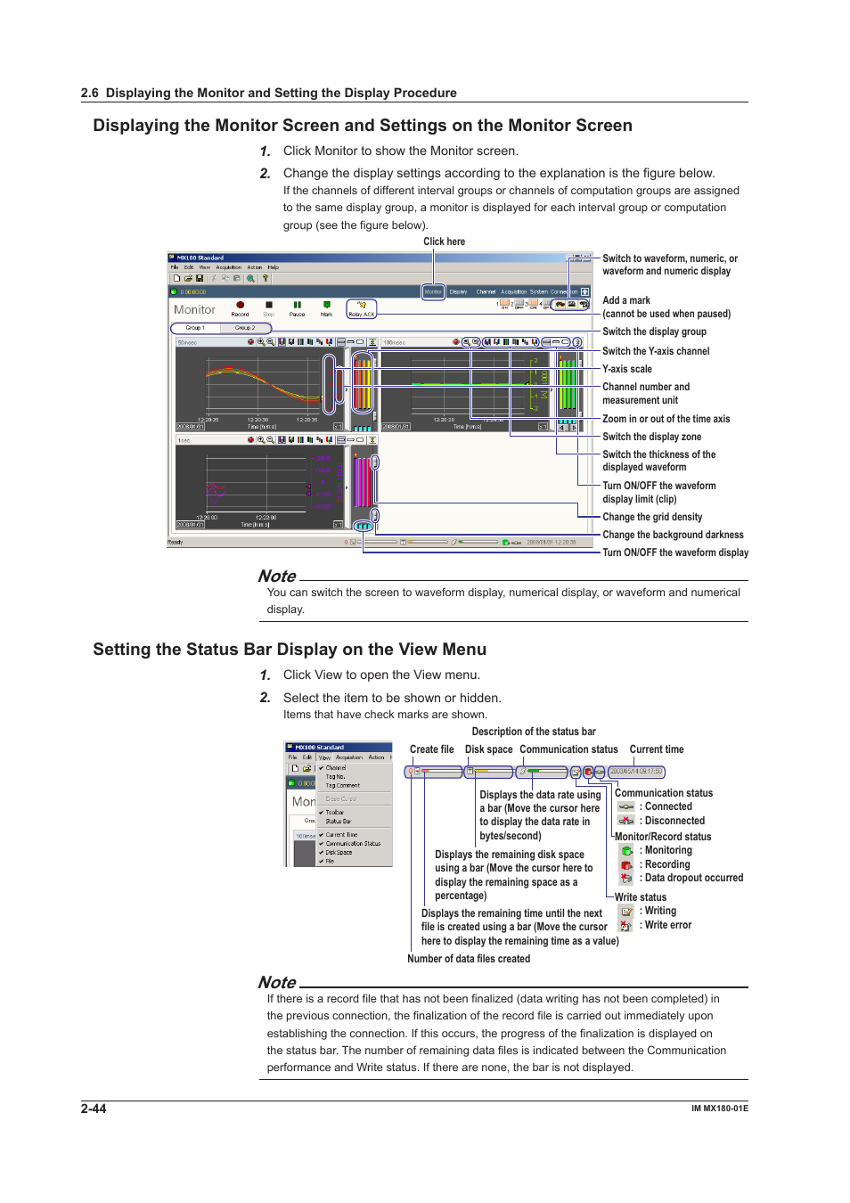 Settng the status bar dsplay on the vew menu | Yokogawa PC-Based MX100 User Manual | Page 58 / 141