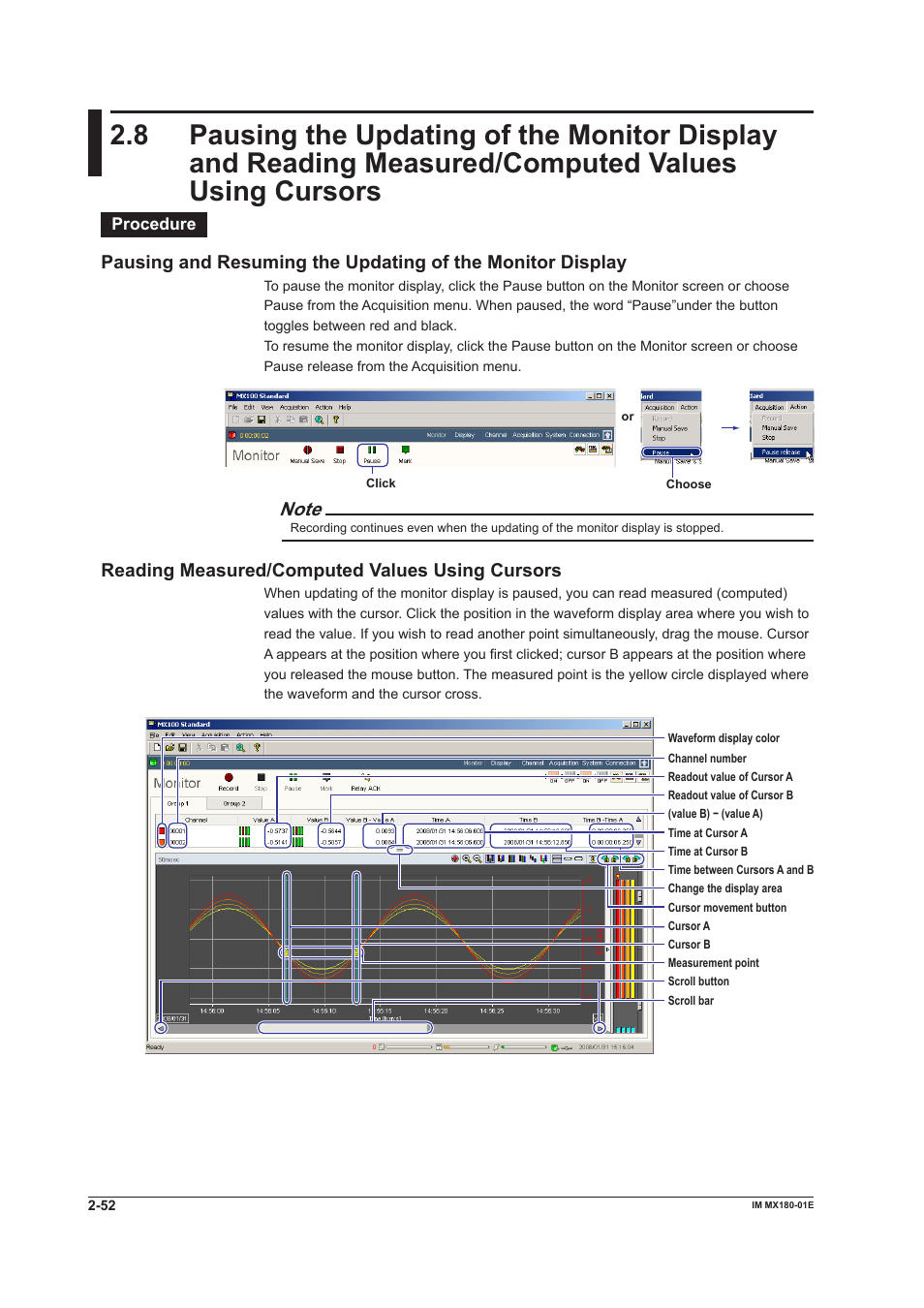 Readng measured/computed values usng cursors | Yokogawa PC-Based MX100 User Manual | Page 66 / 141