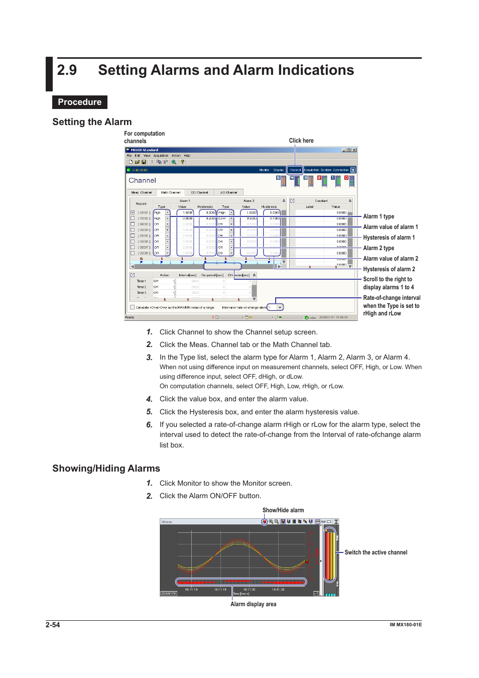 9 setting alarms and alarm indications, Setting alarms and alarm indications -54, 9 settng alarms and alarm indcatons | Settng the alarm, Showng/hdng alarms | Yokogawa PC-Based MX100 User Manual | Page 68 / 141