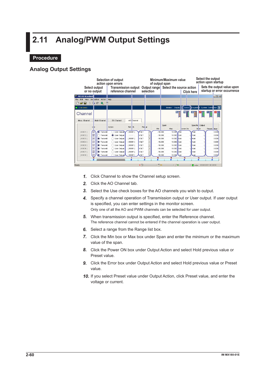 11 analog/pwm output settings, 11 analog/pwm output settings -60, 11 analog/pwm output settngs | Analog output settngs | Yokogawa PC-Based MX100 User Manual | Page 74 / 141