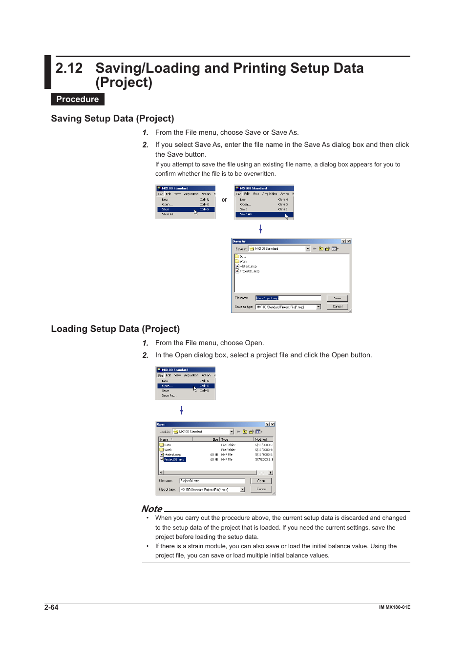 Savng setup data (project), Loadng setup data (project) | Yokogawa PC-Based MX100 User Manual | Page 78 / 141