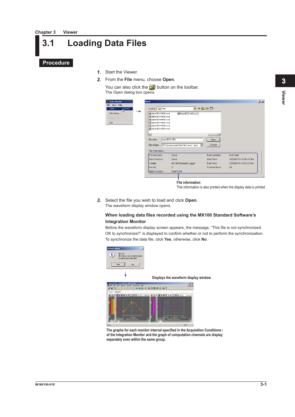 Chapter 3 viewer, 1 loading data files, Chapter 3 vewer | Loading data files -1, 1 loadng data fles, Index | Yokogawa PC-Based MX100 User Manual | Page 82 / 141