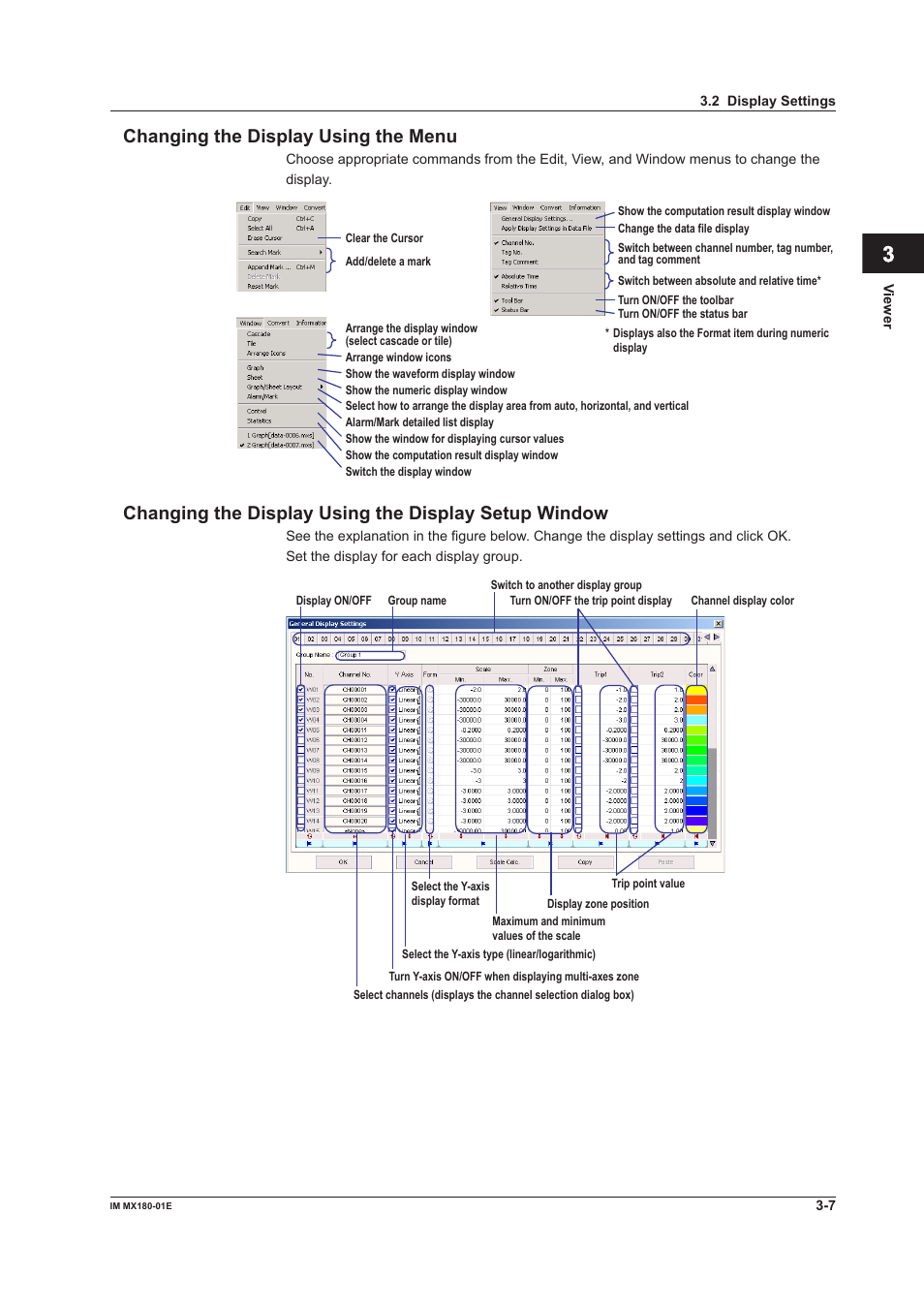 Index, Changng the dsplay usng the menu | Yokogawa PC-Based MX100 User Manual | Page 88 / 141