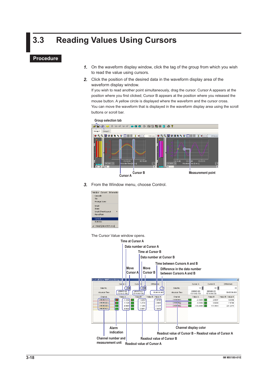 3 reading values using cursors, Reading values using cursors -18, 3 readng values usng cursors | Procedure | Yokogawa PC-Based MX100 User Manual | Page 99 / 141