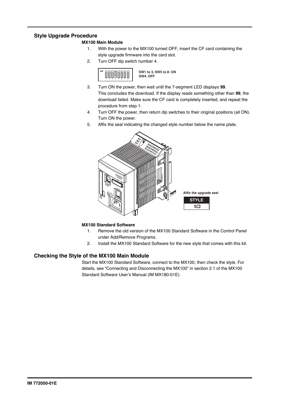 Style upgrade procedure, Checking the style of the mx100 main module, Style | Affix the upgrade seal | Yokogawa PC-Based MX100 User Manual | Page 2 / 2