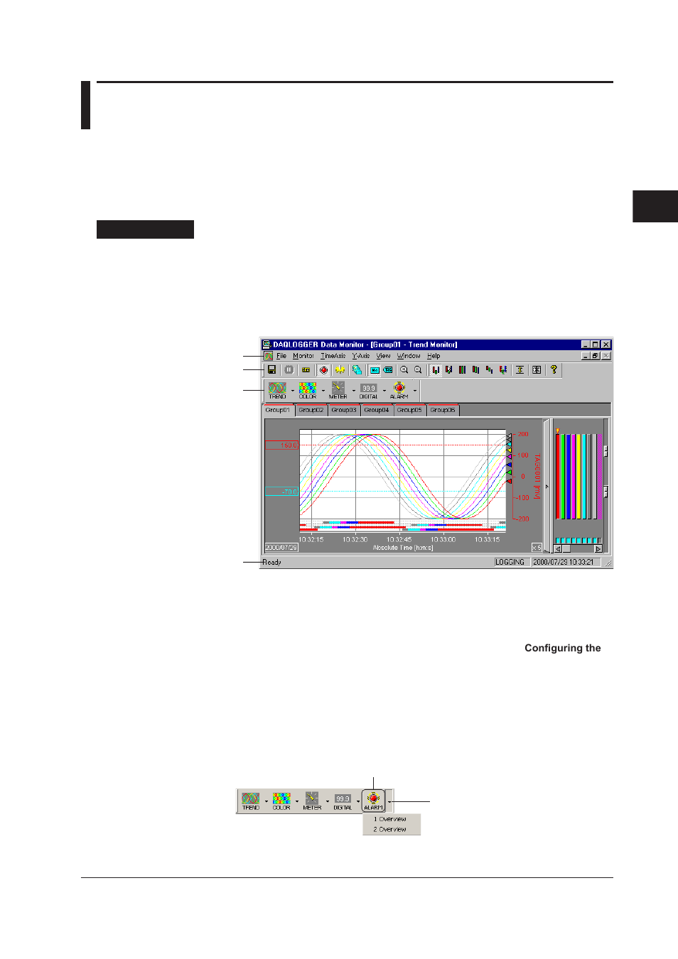 Chapter 3 using data monitor, 1 displaying waveforms on the monitor window, 1 displaying waveforms on the monitor window -1 | Index, Displaying the monitor | Yokogawa DAQWORX User Manual | Page 79 / 482