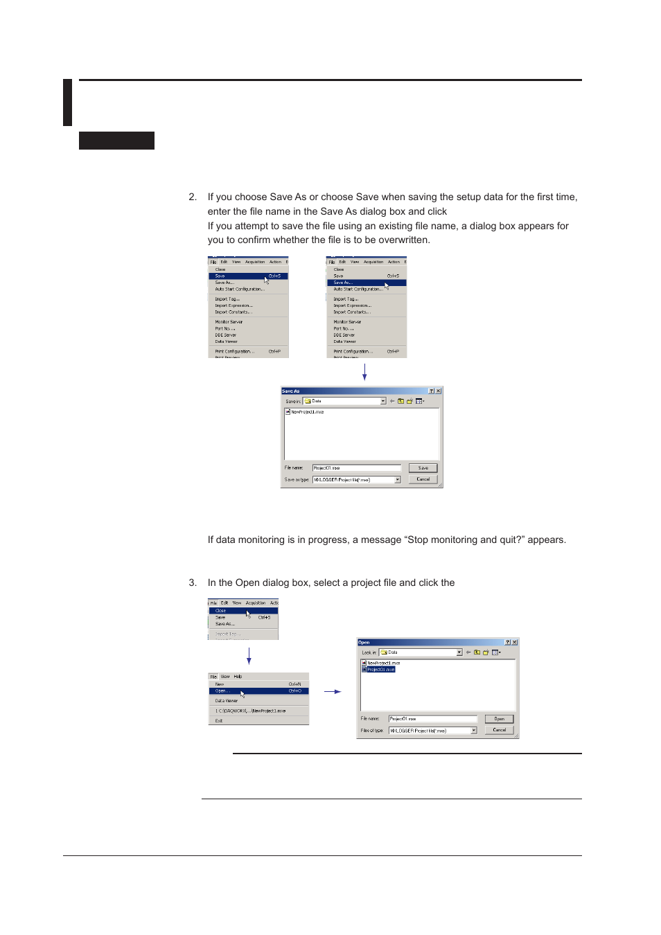 Saving setup data (project), Loading setup data (project), Saving setup data (project) -76 | Loading setup data (project) -76, Savng setup data (project), Loadng setup data (project) | Yokogawa DAQWORX User Manual | Page 106 / 163