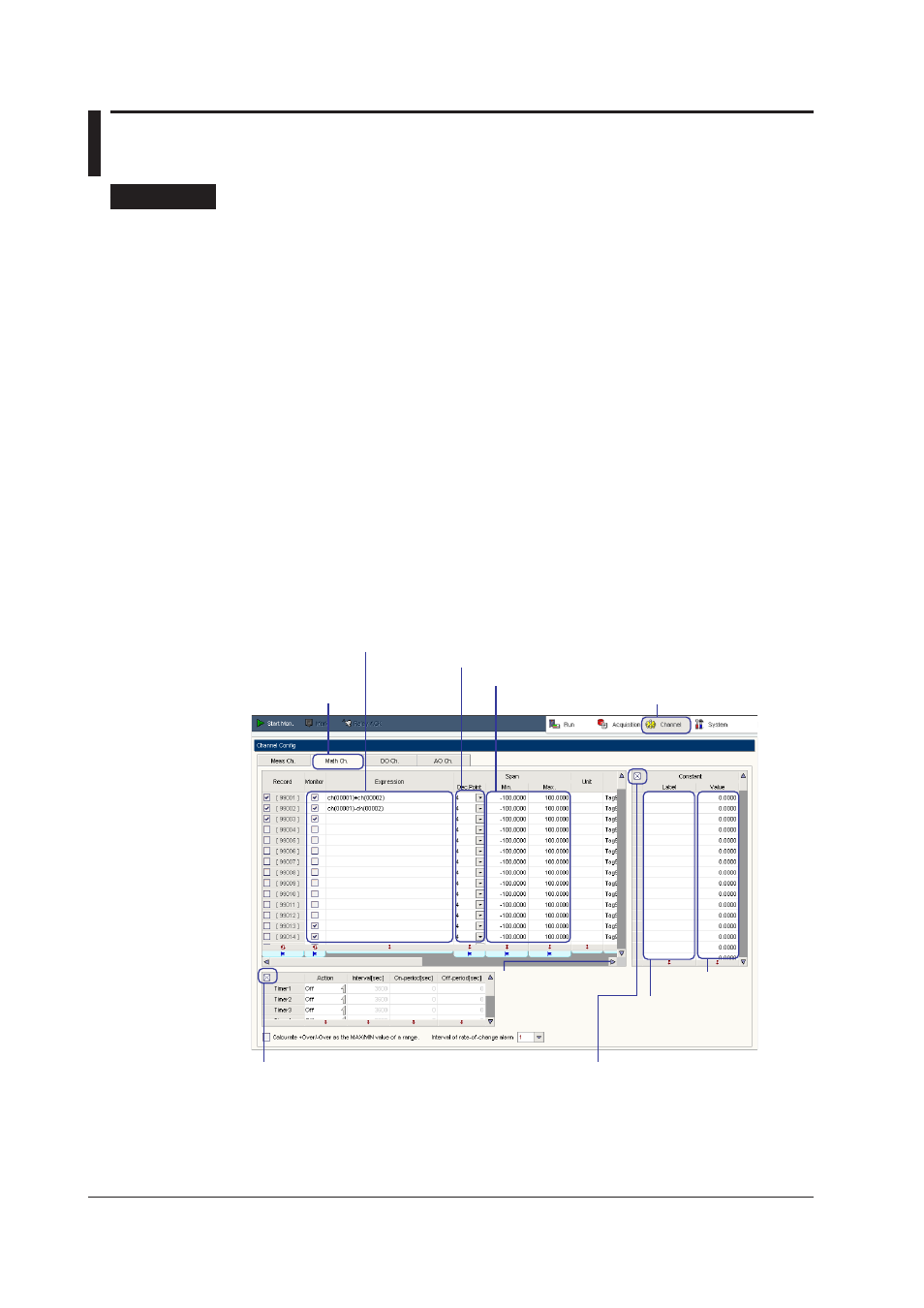 Setting the expression, Setting the span, Setting the unit, tag number, and tag comment | Setting the user-defined constant, Setting the expression -24, Setting the span -24, Setting the unit, tag number, and tag comment -24, Setting the user-defined constant -24, Settng the expresson, Settng the span | Yokogawa DAQWORX User Manual | Page 54 / 163