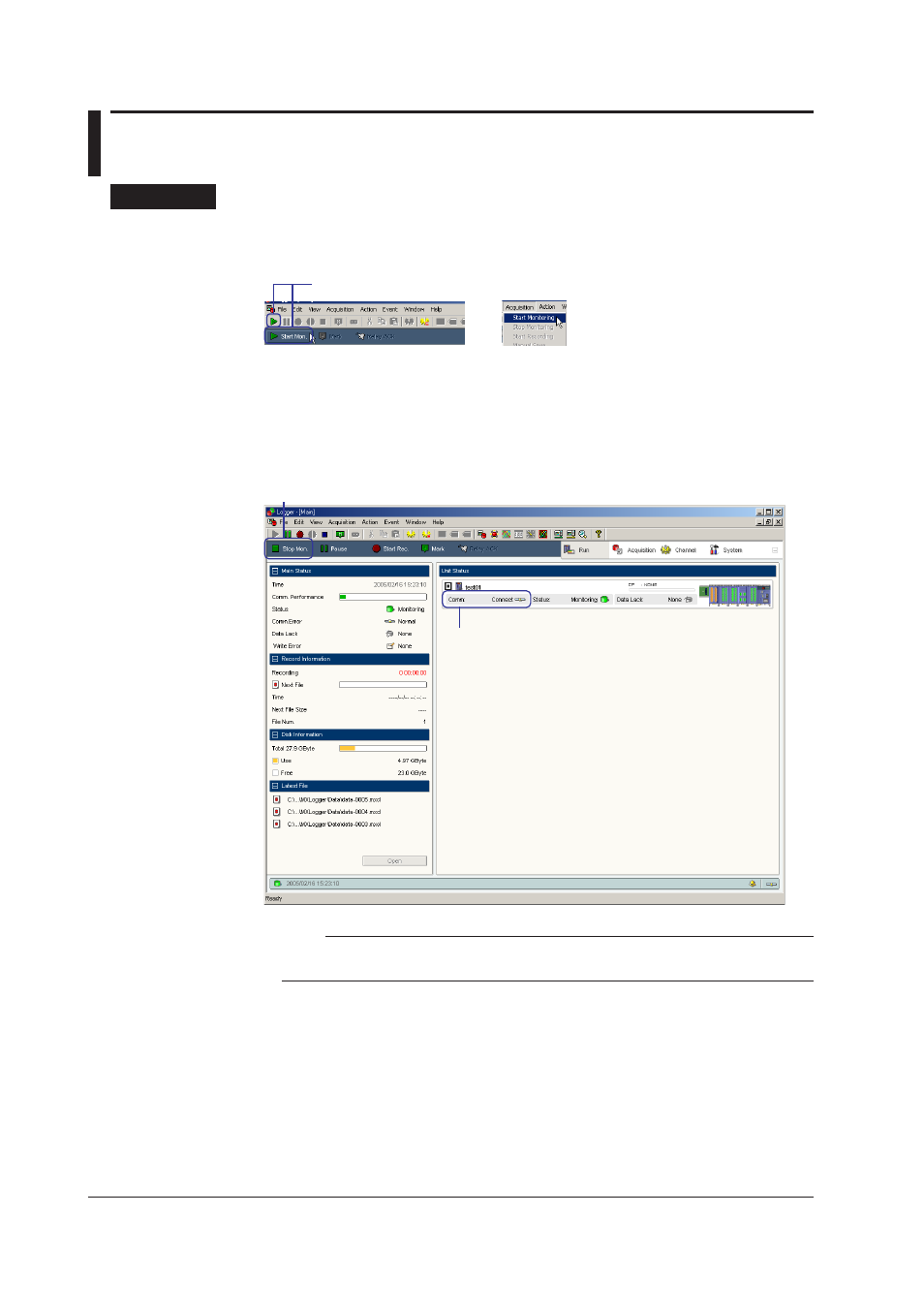 Start data monitoring, Stop data monitoring, Start data monitoring -60 | Stop data monitoring -60, Start data montorng, Stop data montorng | Yokogawa DAQWORX User Manual | Page 90 / 163
