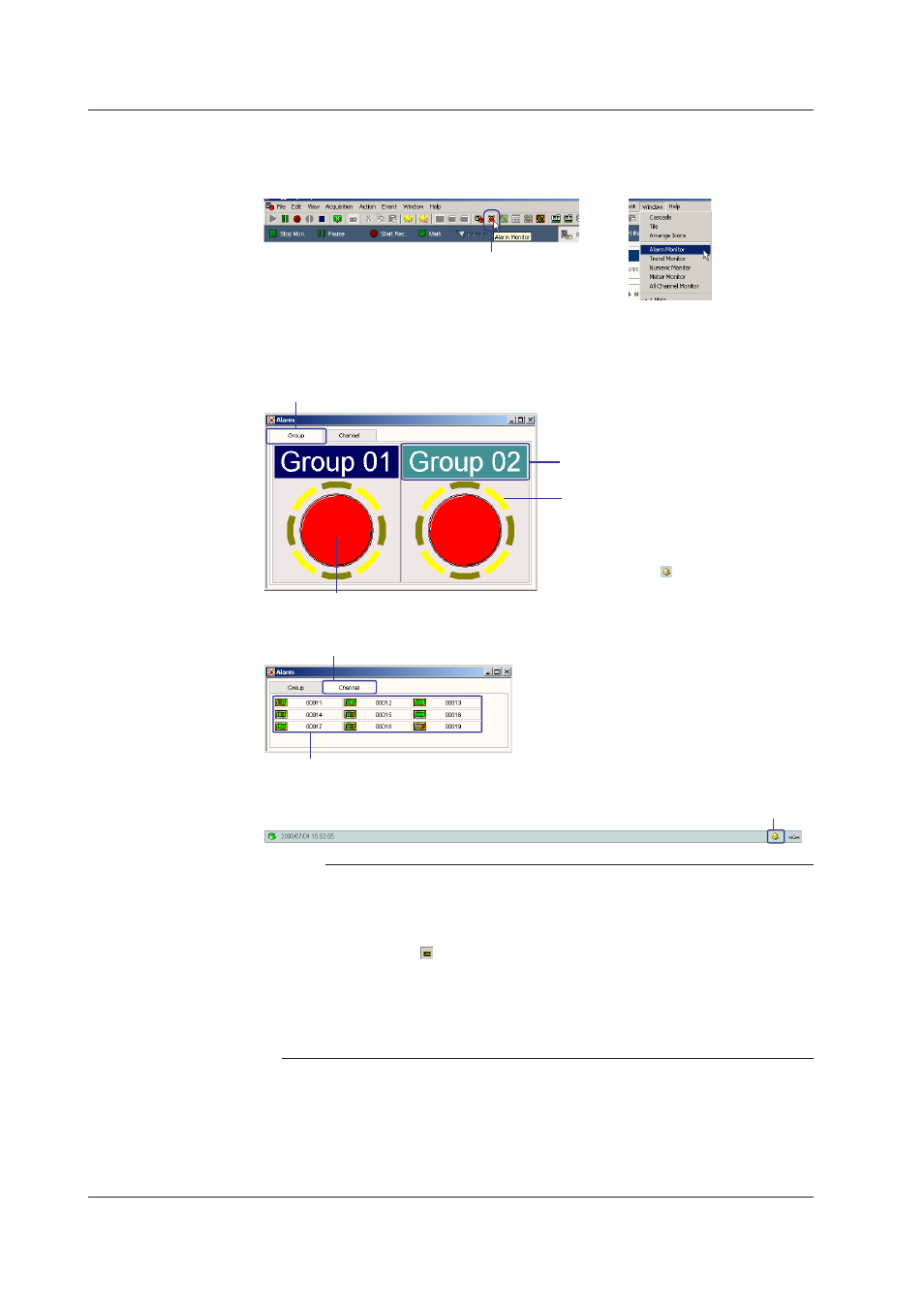 Displaying the alarm monitor window, Displaying the alarm monitor window -64, Dsplayng the alarm montor wndow | Yokogawa DAQWORX User Manual | Page 94 / 163