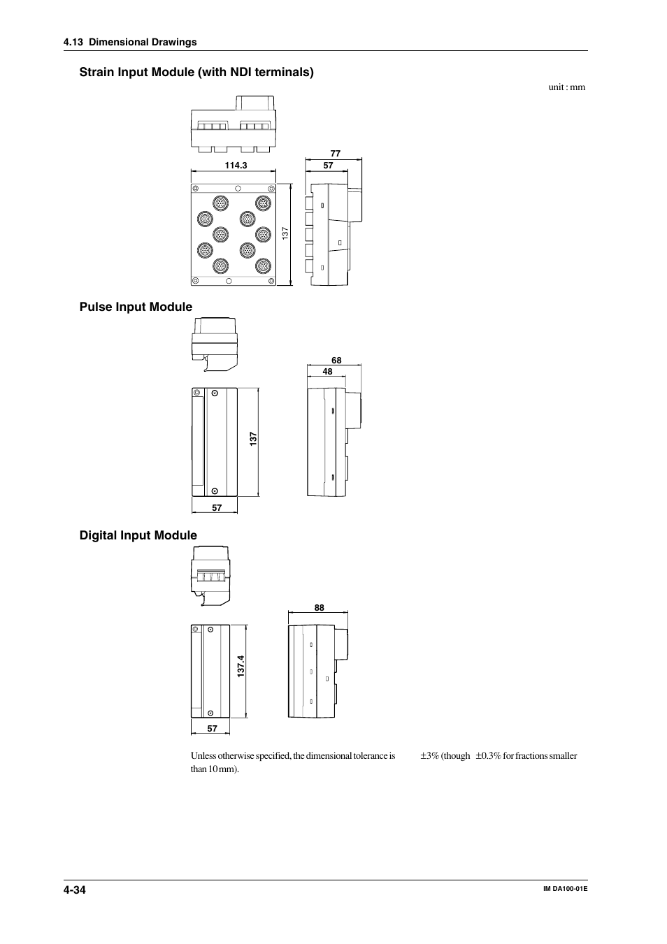 Strain input module (with ndi terminals), Pulse input module, Digital input module | Yokogawa DA100 User Manual | Page 103 / 109