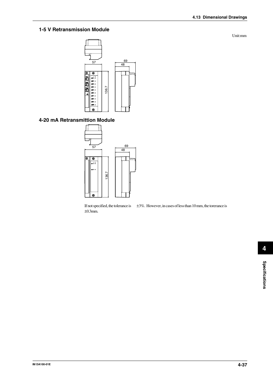 5 v retransmission module, 20 ma retransmittion module | Yokogawa DA100 User Manual | Page 106 / 109