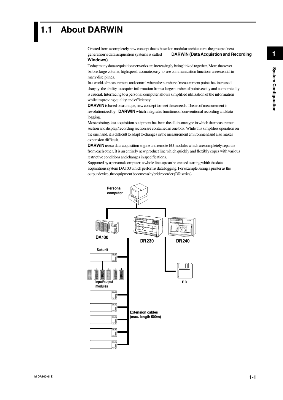 Chapter 1 system configuration, 1 about darwin, Chapter 1 | System configuration, About darwin -1 | Yokogawa DA100 User Manual | Page 11 / 109