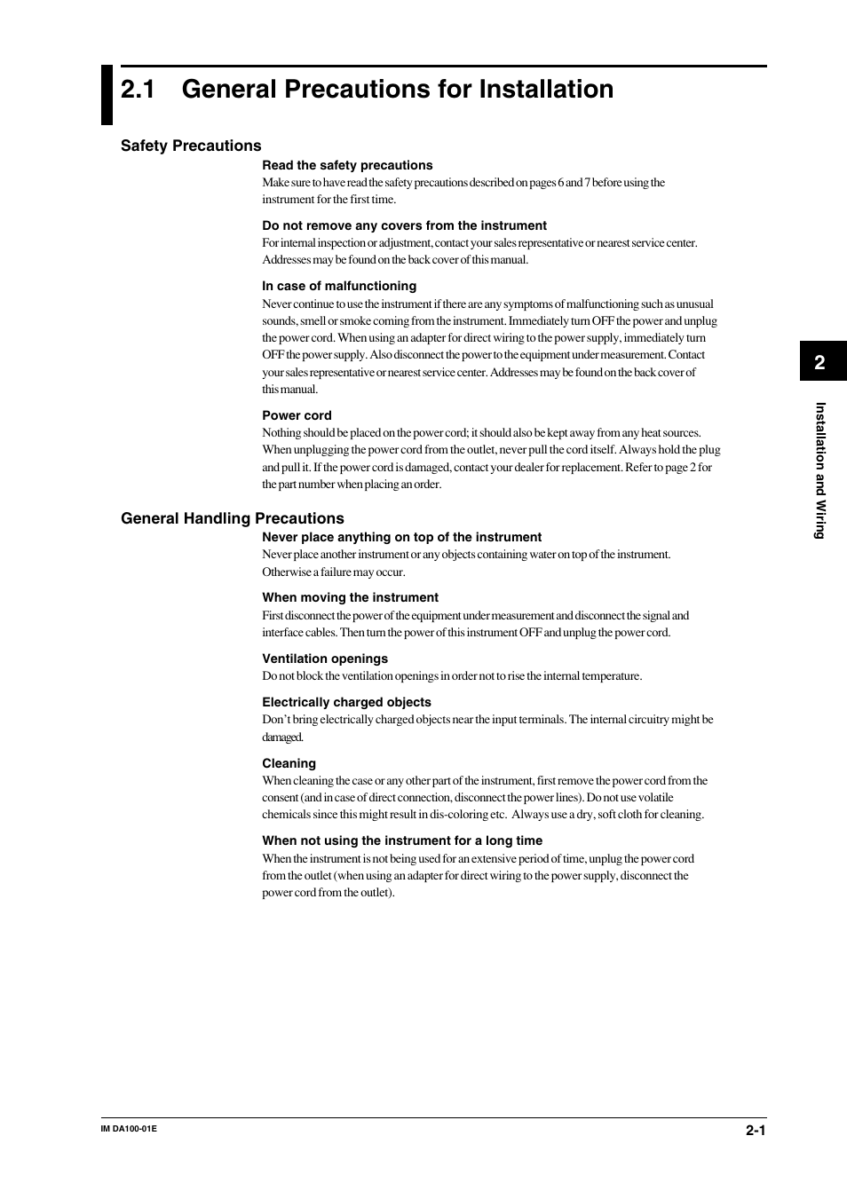 Chapter 2 installation and, 1 general precautions for installation, Chapter 2 | Installation and wiring, General precautions for installation -1 | Yokogawa DA100 User Manual | Page 22 / 109