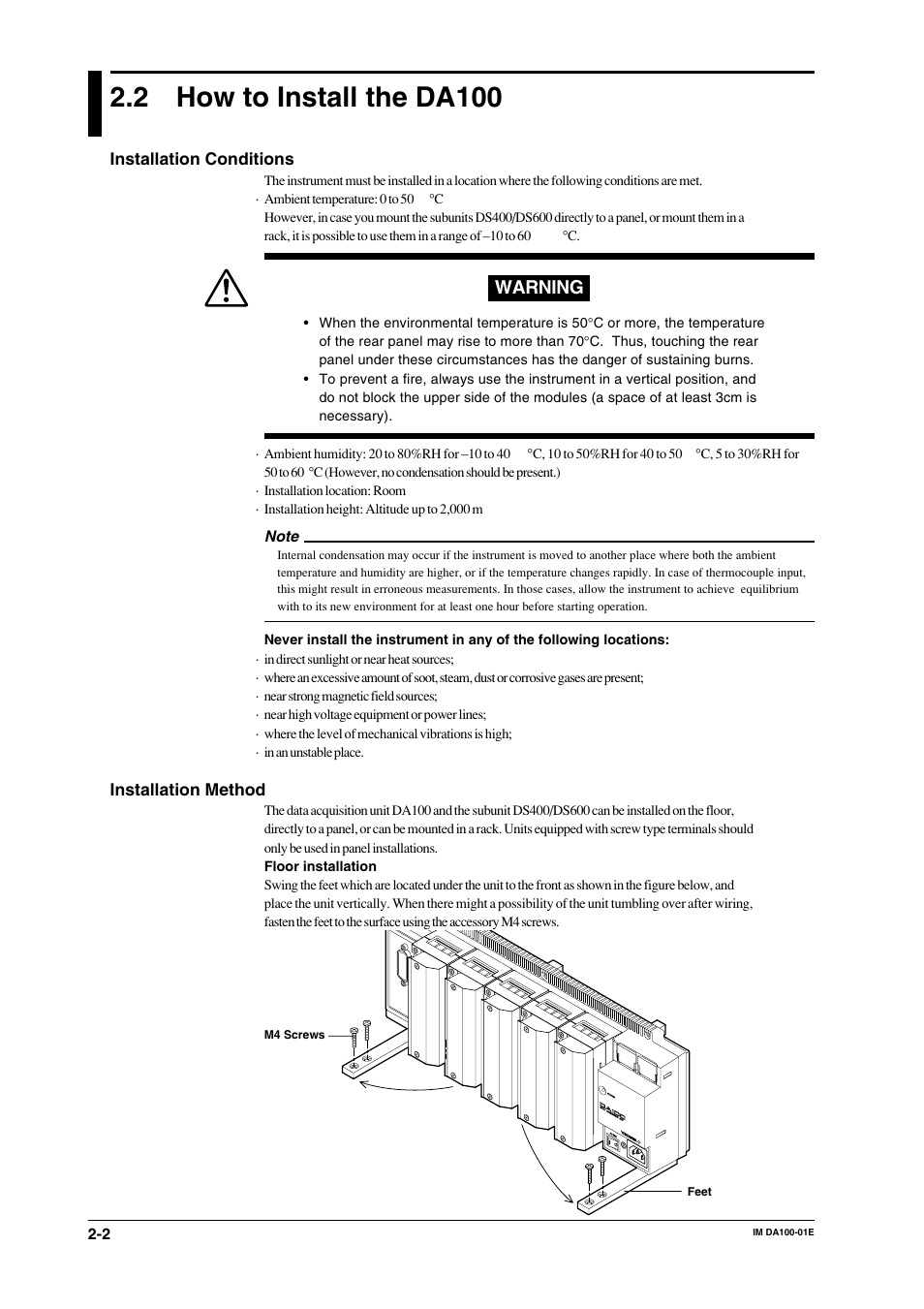 2 how to install the da100, How to install the da100 -2, Warning | Yokogawa DA100 User Manual | Page 23 / 109