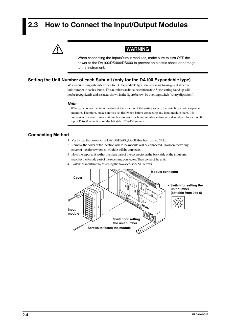 3 how to connect the input/output modules, How to connect the input/output modules -4, Warning | Connecting method | Yokogawa DA100 User Manual | Page 25 / 109