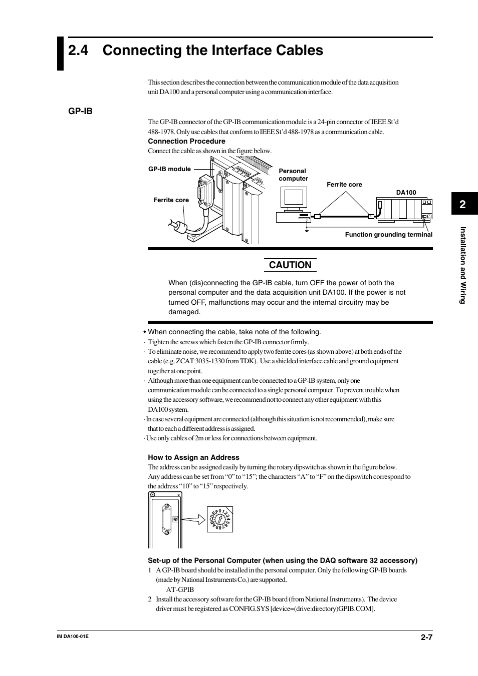 4 connecting the interface cables, Connecting the interface cables -7, Caution | Gp-ib | Yokogawa DA100 User Manual | Page 28 / 109