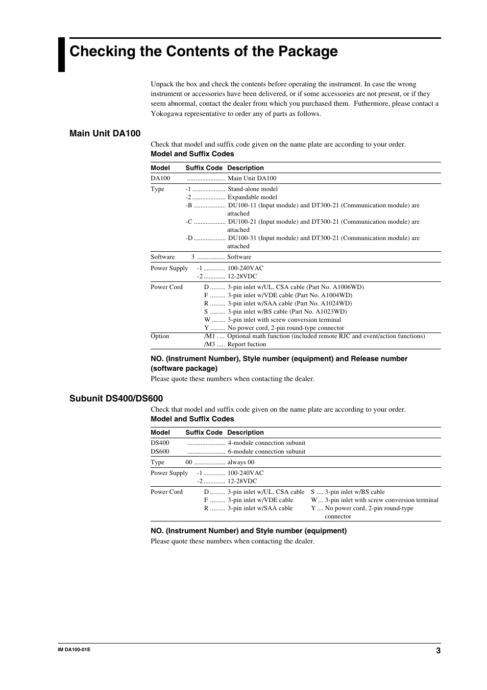 Checking the contents of the package, Main unit da100 | Yokogawa DA100 User Manual | Page 4 / 109