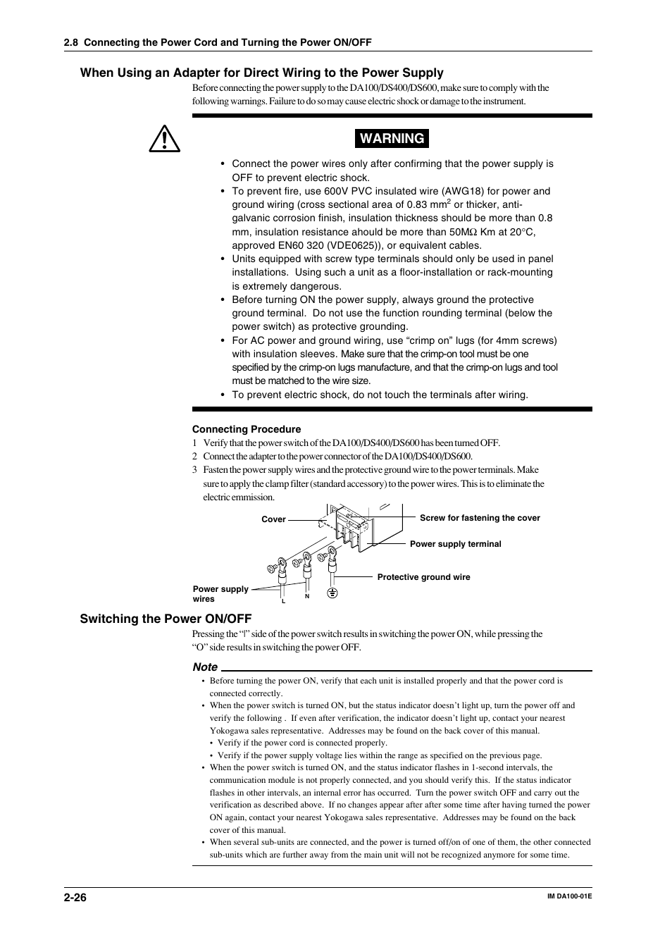 Warning, Switching the power on/off | Yokogawa DA100 User Manual | Page 47 / 109