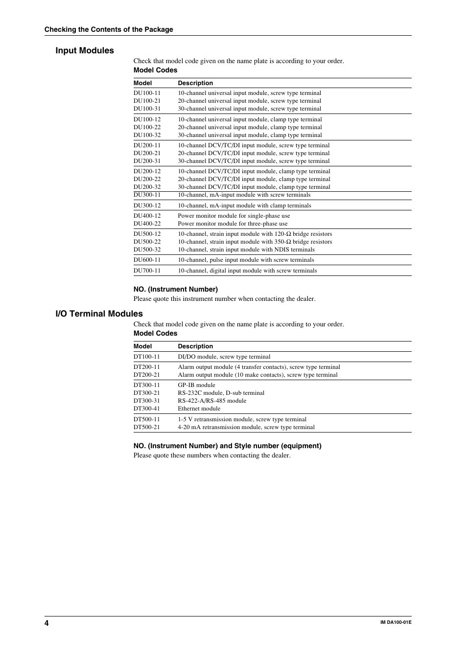 Input modules, I/o terminal modules | Yokogawa DA100 User Manual | Page 5 / 109