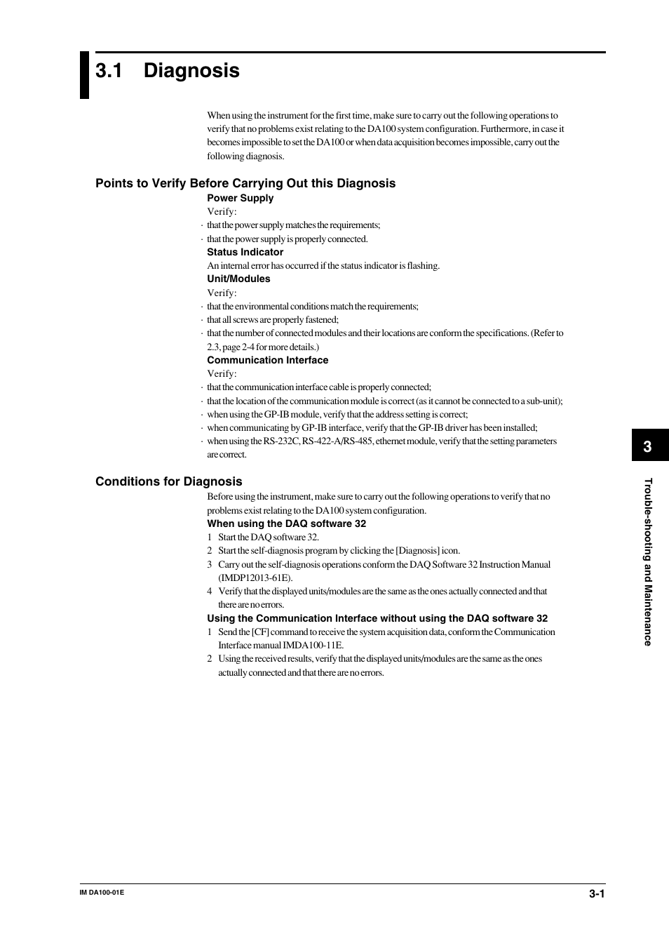 Chapter 3 trouble-shooting and maintenance, 1 diagnosis, Chapter 3 | Trouble-shooting and maintenance, Diagnosis -1 | Yokogawa DA100 User Manual | Page 60 / 109